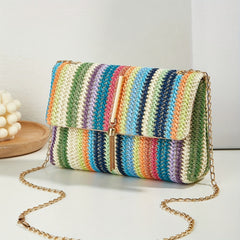 Boho Mini Shoulder Bag Colorful Striped Weave & Chain Strap