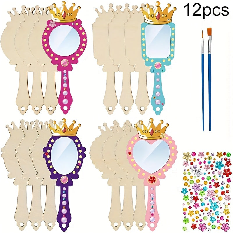 12pcs Wooden Mirrors Craft Set - Paintable Handheld Art Mirror