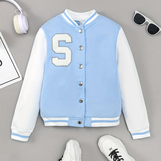 Boys Casual Block Letter Print Long Sleeve Button Down Baseball Jacket