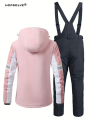 Colorblock Snowflake Ski Set Zip Hooded Jacket & Suspender Trouser