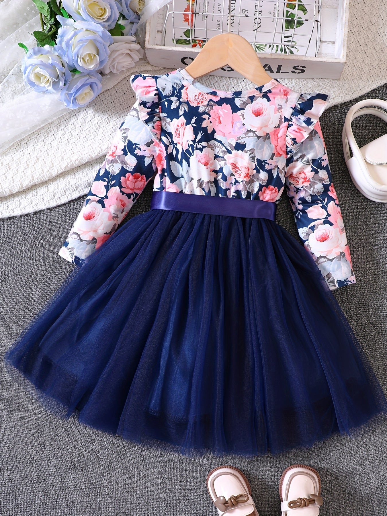 Toddler Girls Flowers Graphic Mesh Princess Dress with Belt