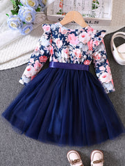 Toddler Girls Flowers Graphic Mesh Princess Dress with Belt