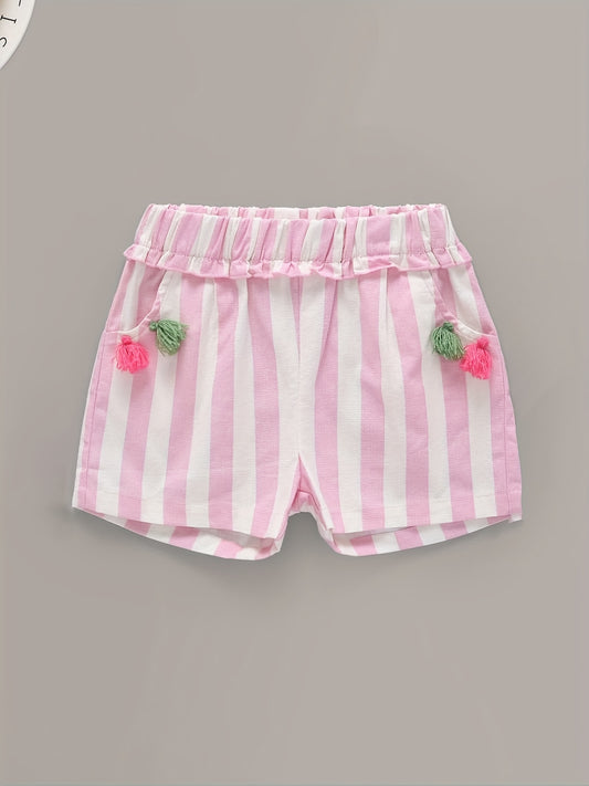 Summer Boho Tassle Stripe Shorts, Elastic Waist