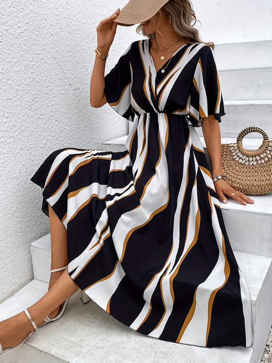 Wavy Stripe Print Dress V Neck Half Sleeve High Waist Dress