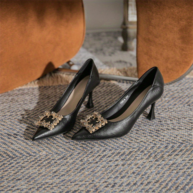 Women's Pointed Toe High Heels Square Rhinestone Buckle Slip On Stiletto Heels