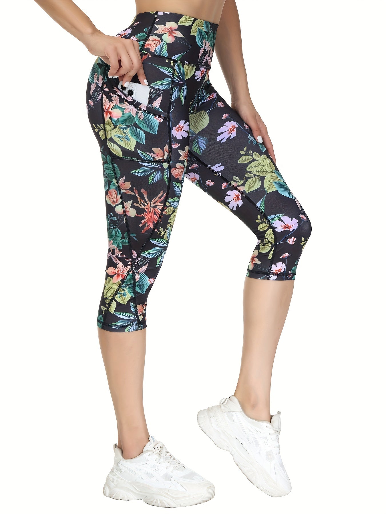 High Waist Yoga Capris w/ Pockets Tummy Control Floral Print Non See Through