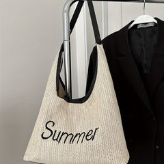 Minimalist Embroidered Shoulder Straw Bag Lightweight Storage Bag