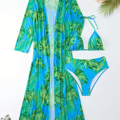  Boho Bikini Set Women's Plus Tropical Print Swimsuit Three Piece Set