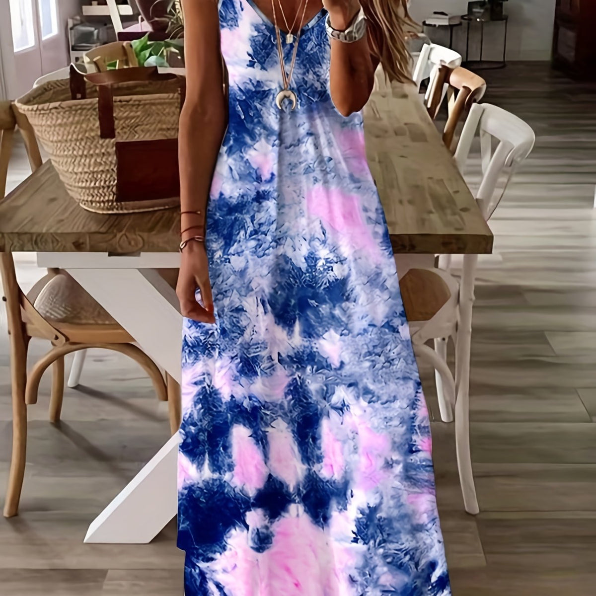 Tie Dye V Neck Cami Dress Sexy Sleeveless Spaghetti Dress