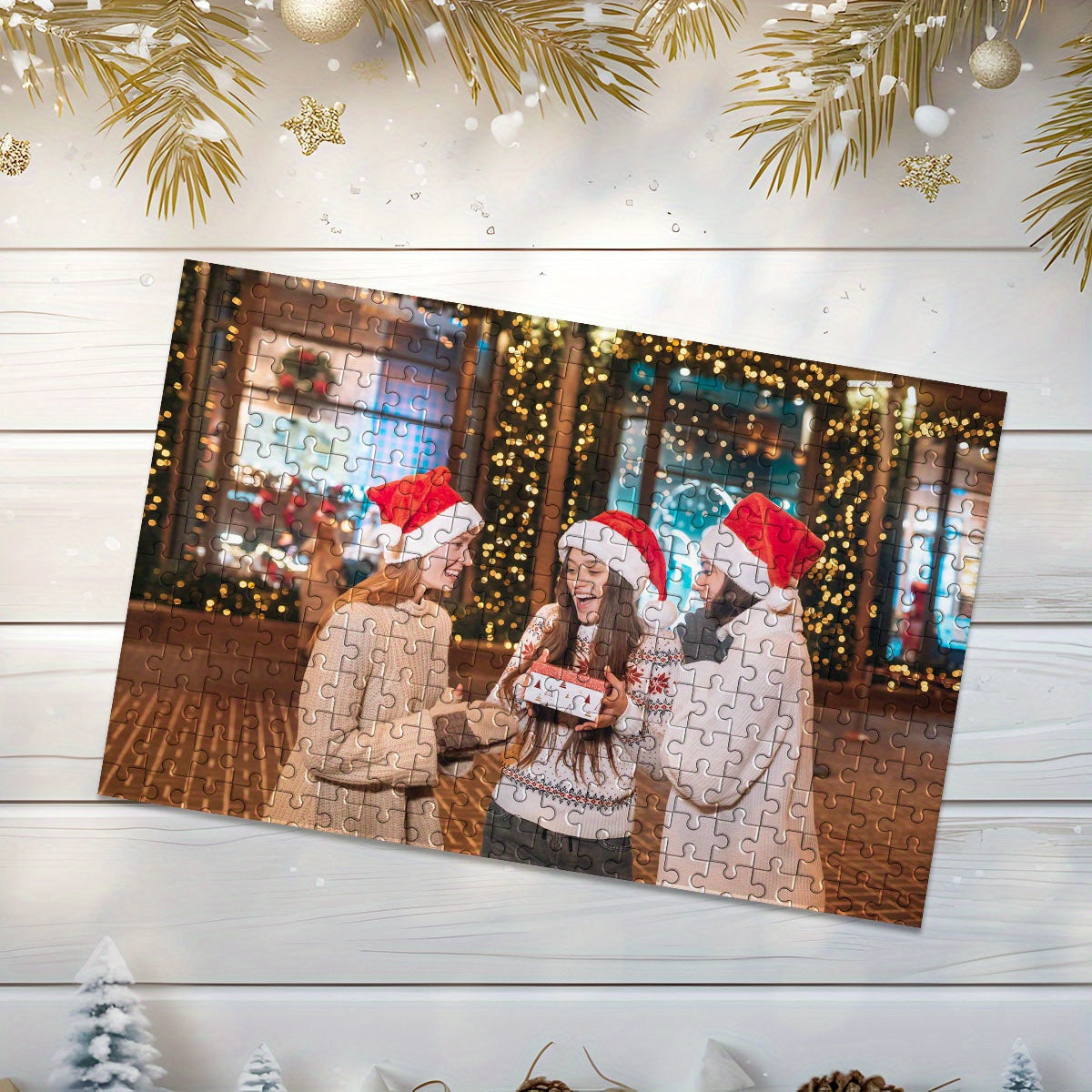 Custom Wooden Photo Puzzle Christmas Scene Santa Hats