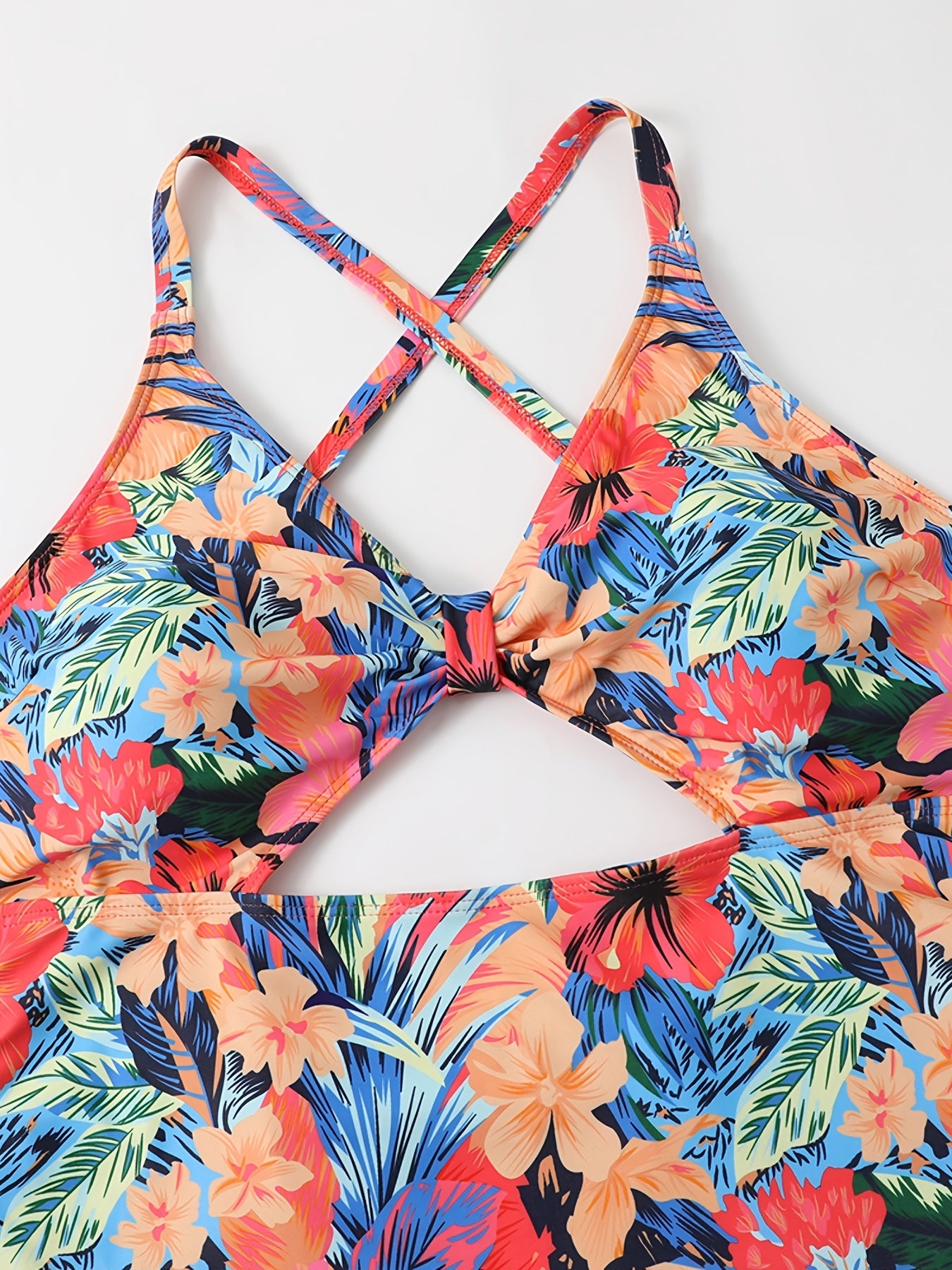  Tropical Print Side Drawstring Cut Out One Piece Beachwear Swimsuit
