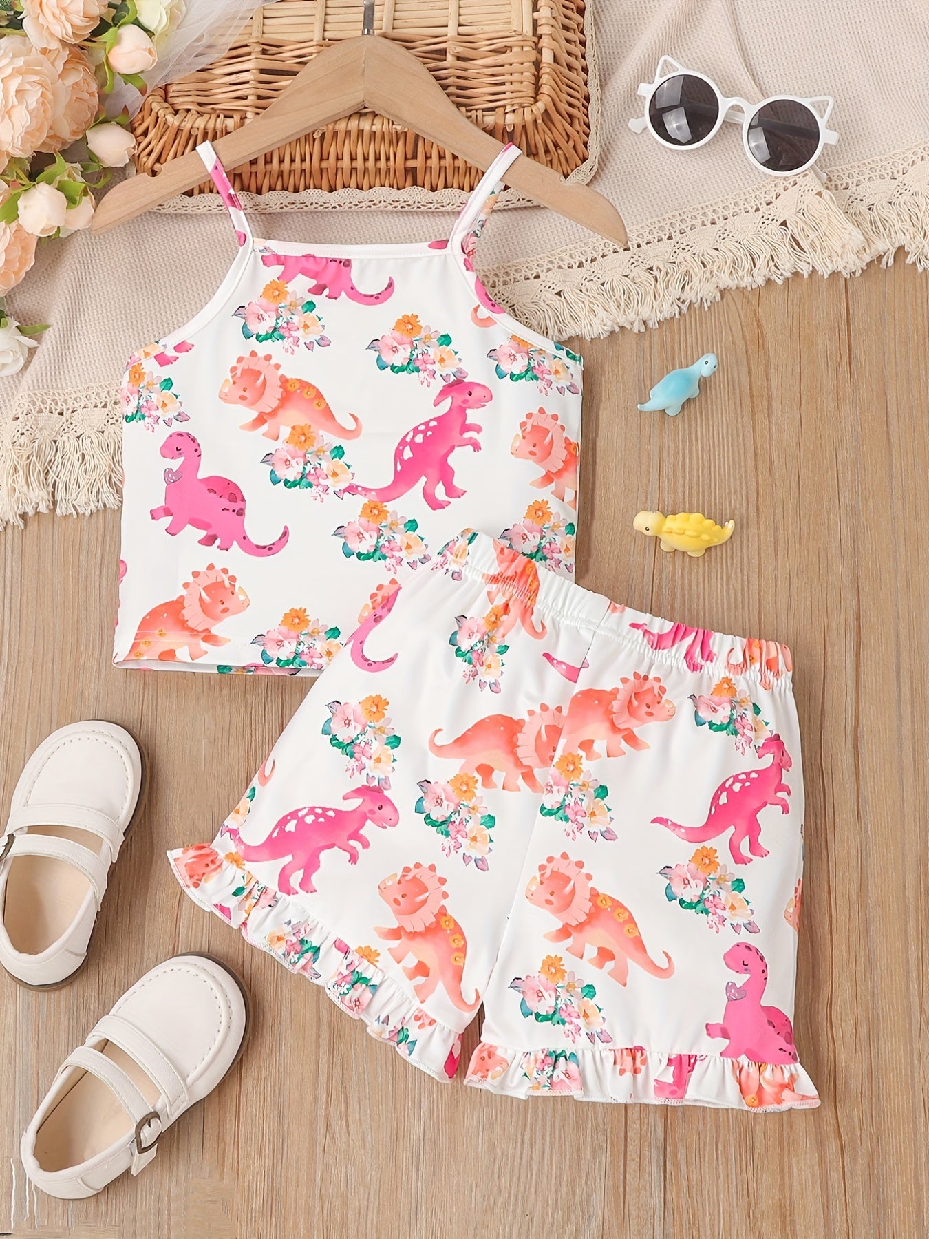 Girl's Dino Print Tank Top & Frilled Shorts Set