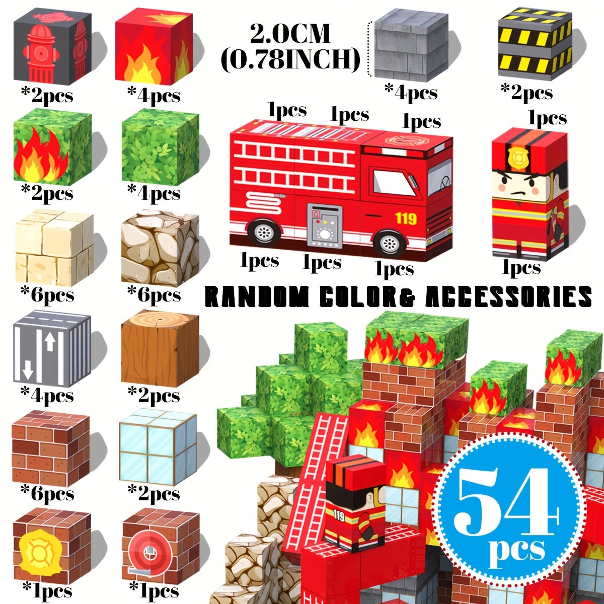 Magnetic Building Blocks Firefighter & Fire Truck Playset Educational Toy