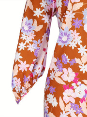 Floral Print Lantern Sleeve V Neck Midi Dress