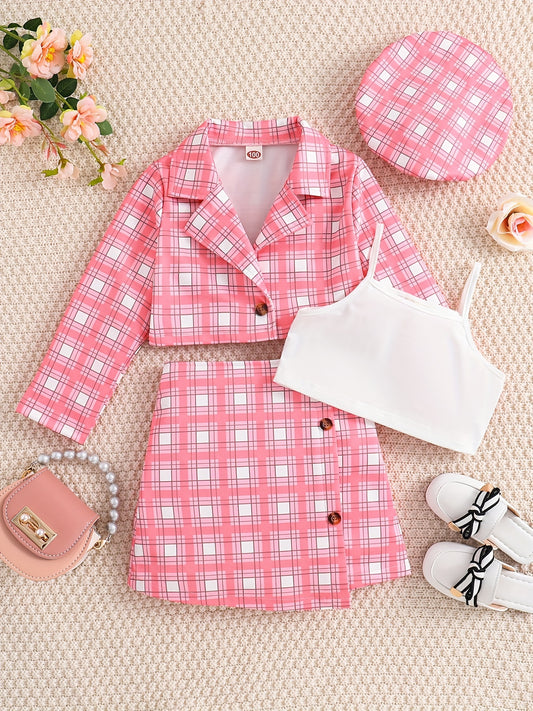Girl's 4pcs Plaid Blazer & Beret Hat Set