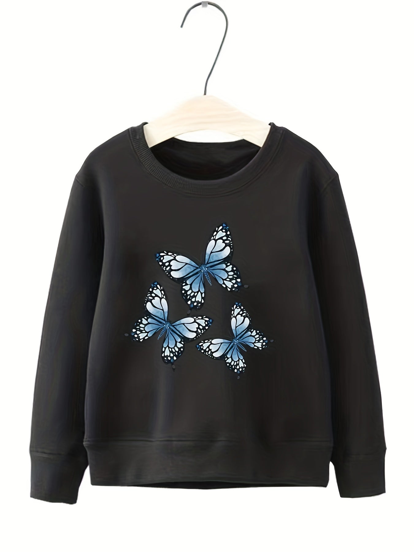 Girls Butterflies Pattern Sweatshirt Round Neck Casual Top Pullovers