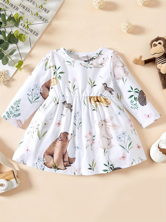 Baby Girl's Animal Print Dress Pleated Long Sleeve Dress