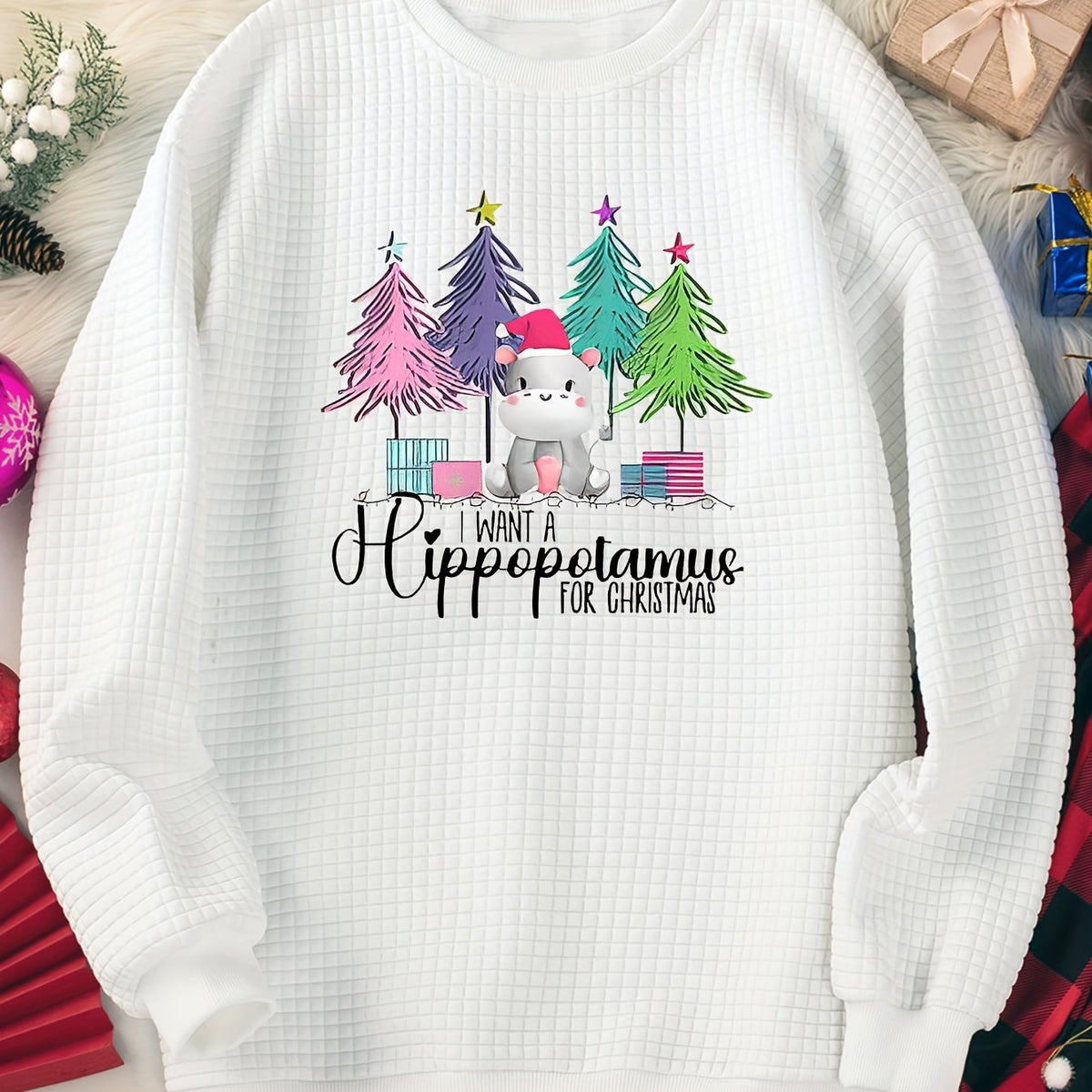  Christmas Lounge Top Crew Neck Waffle Home Wear Pink
