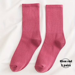 5 Pairs Warm Mid Tube Women's Solid Socks Comfy Stockings