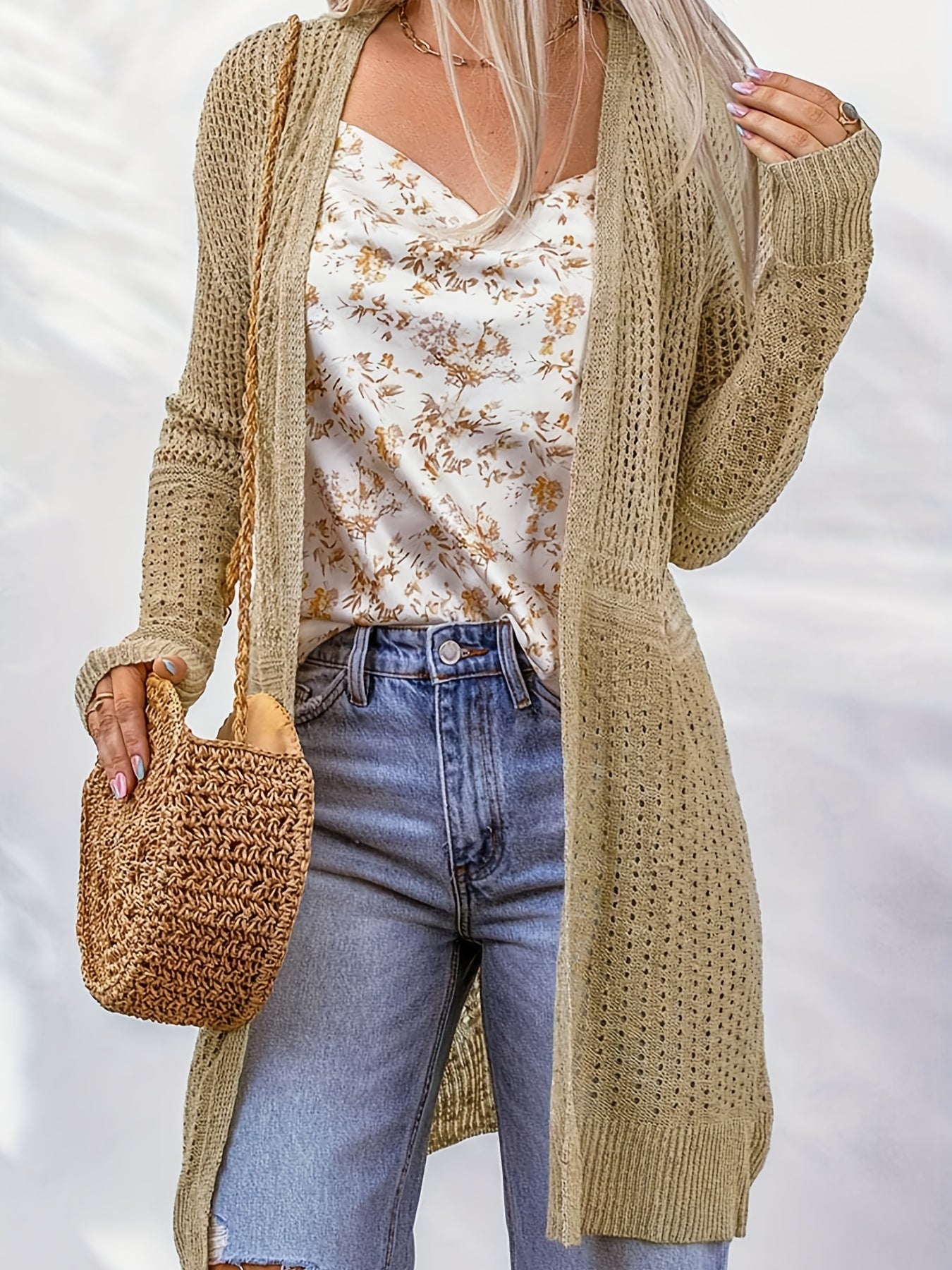  Casual Cardigan Solid Eyelet Embroidered Open Front Long Sleeve