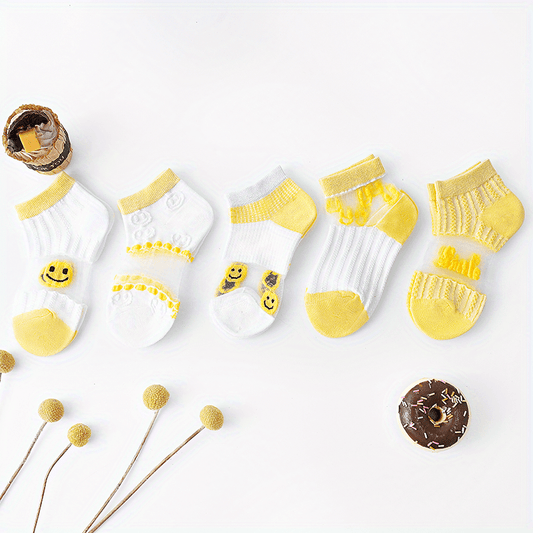 5pairs Baby Boys Kids Mesh Breathable Short Socks Cartoon Smile Face Pattern