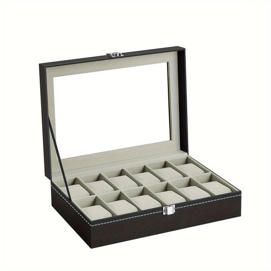 12 Slot Gray Watch Storage Box PU Leather Wrapped