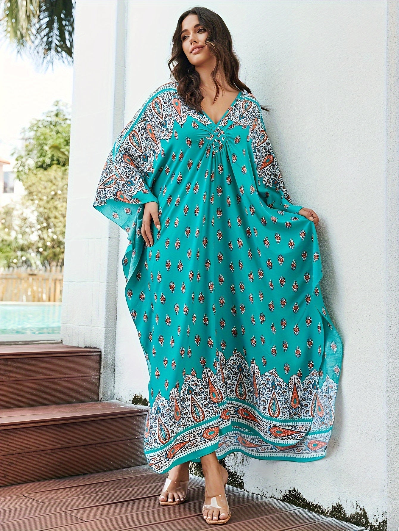 Boho Paisley Floral Batwing Sleeve Plus Size Dress