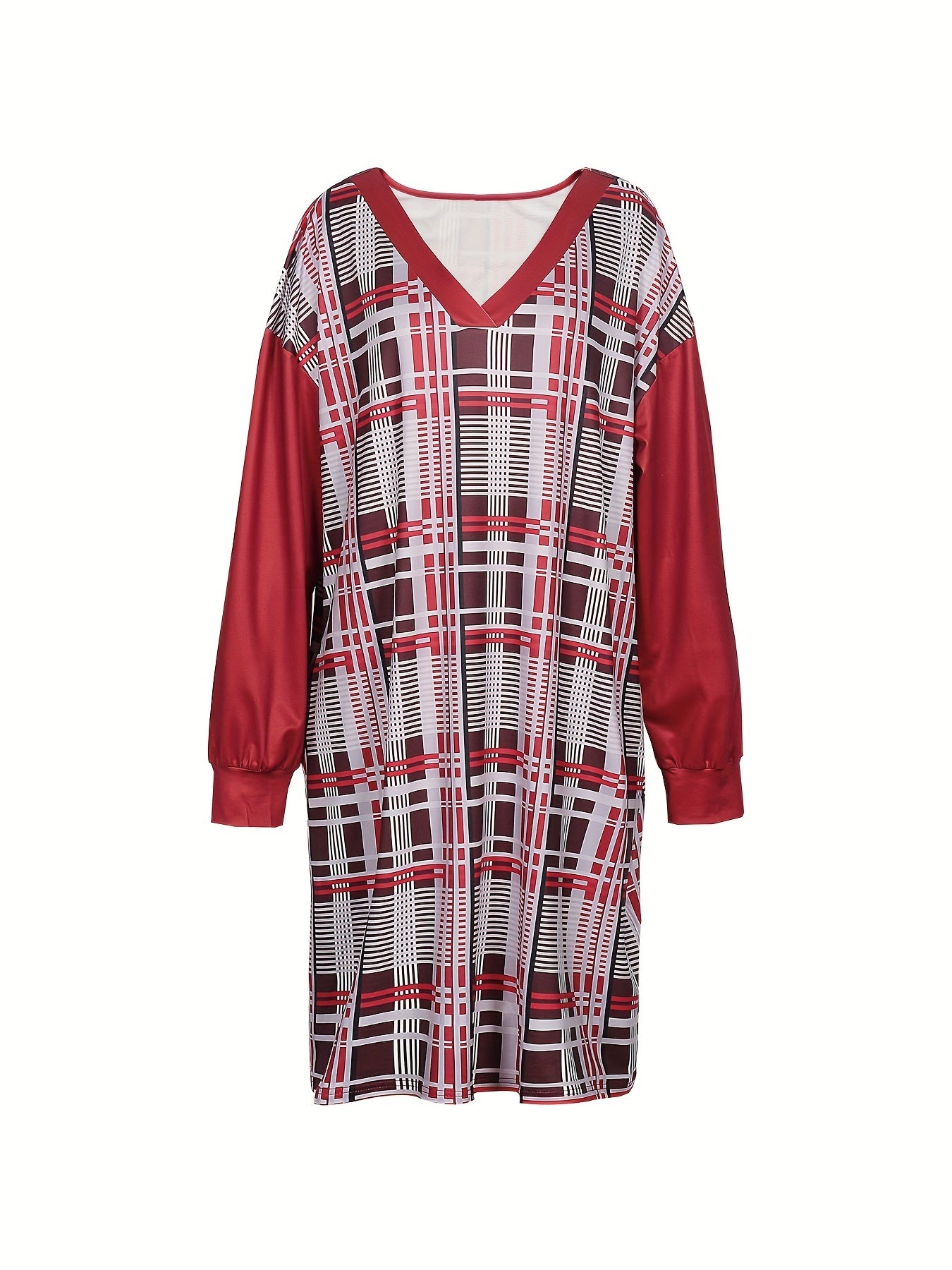  Colorblock Plaid Long Sleeve V Neck Dress With Pockets