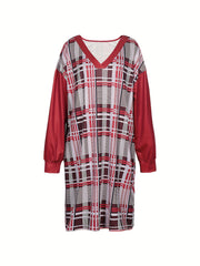  Colorblock Plaid Long Sleeve V Neck Dress With Pockets