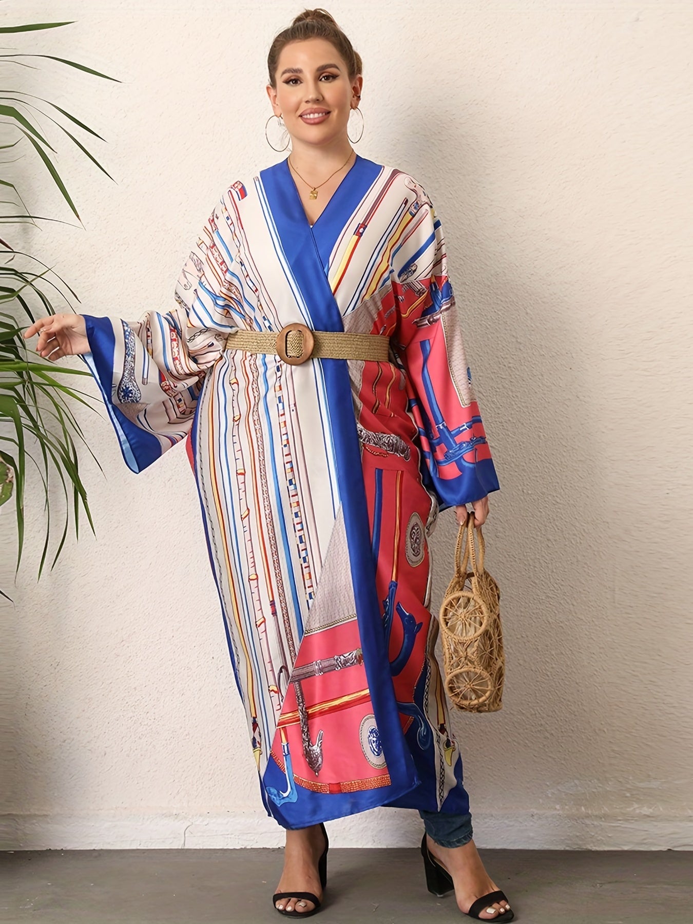 Boho Kimono Women's Plus Size Allover Print Long Sleeve Open Front Beachwear
