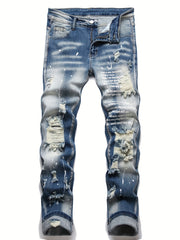 Patterned Ripped Straight Slim Fit Denim Jeans