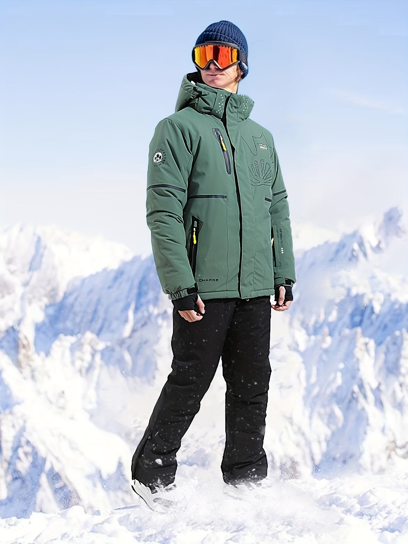 Men's Winter Skiing Outfits Zip Thick Warm Hooded Jacket And Thermal Solid Pants