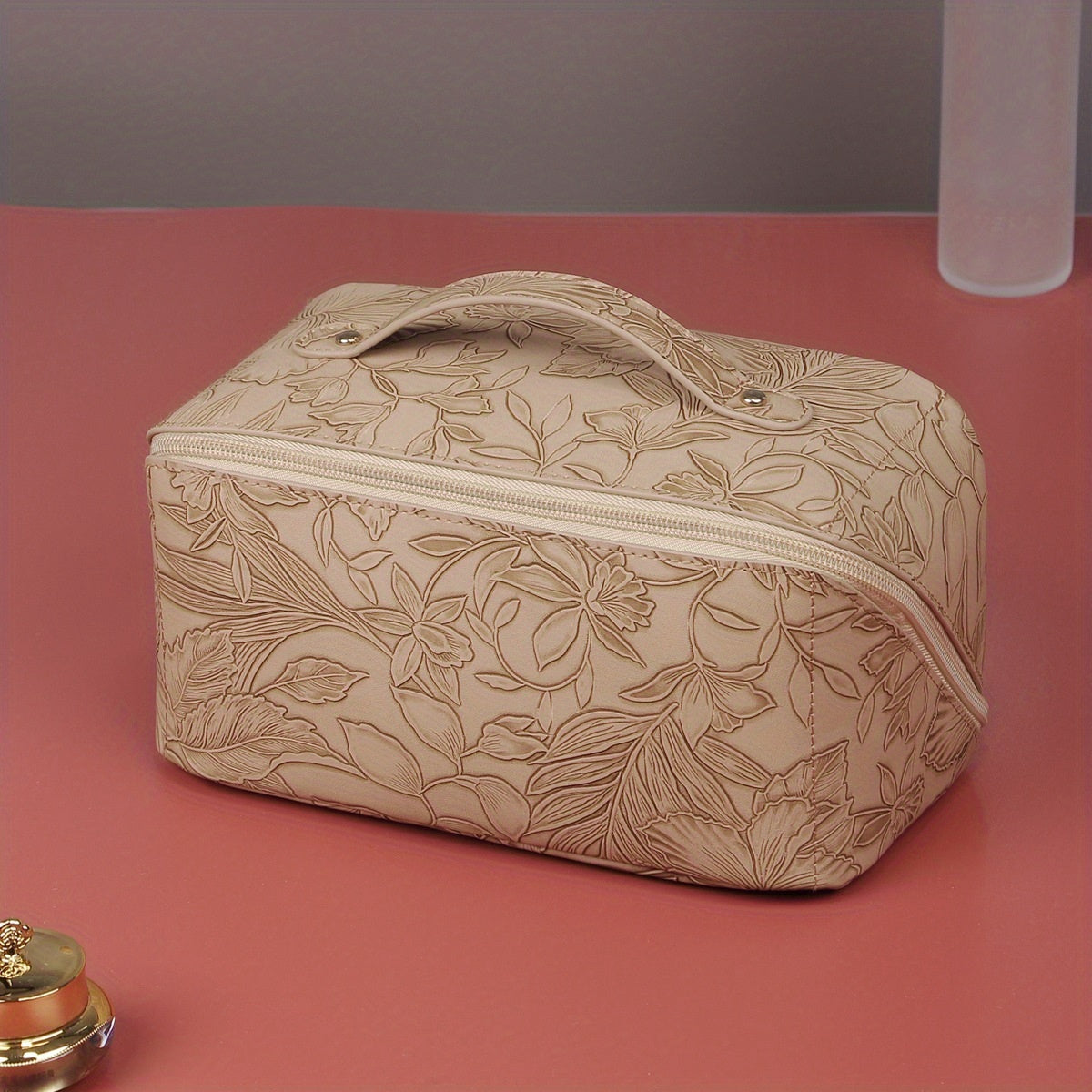 Vintage Floral Cosmetic Bag with Handle Large Capacity Makeup Organizer