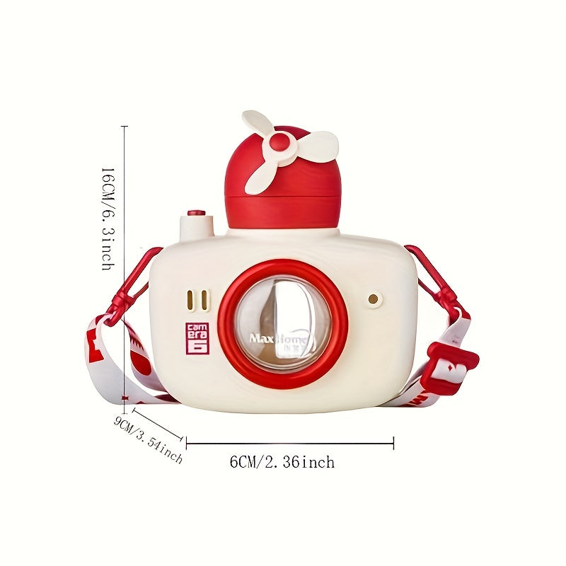 Camera Water Bottle 18oz w/ Silicone Straw & Windmill & Shoulder Strap