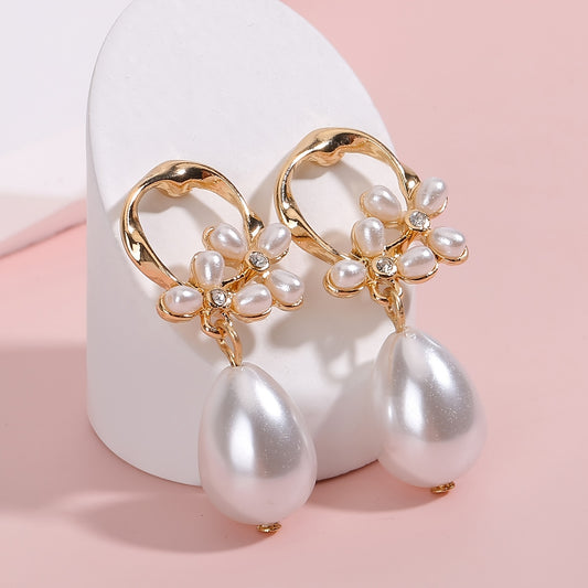 Vintage Flower & Faux Pearl Earrings 14K Plated Rhinestones 1 Pair
