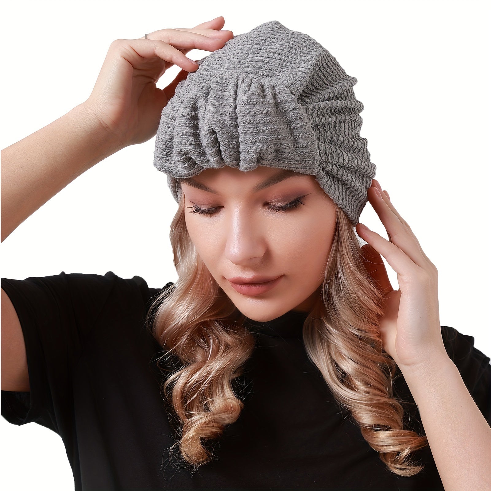 Pleated Pre-tied Turban Cap Embossed Head Wrap Solid Elastic Beanie Head Scarf