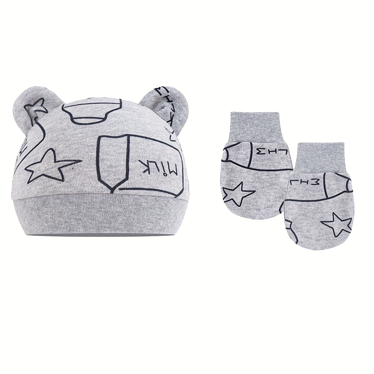 Baby Boys Casual Cartoon Pattern Cap With Bear Ear Decor & Mittens Set