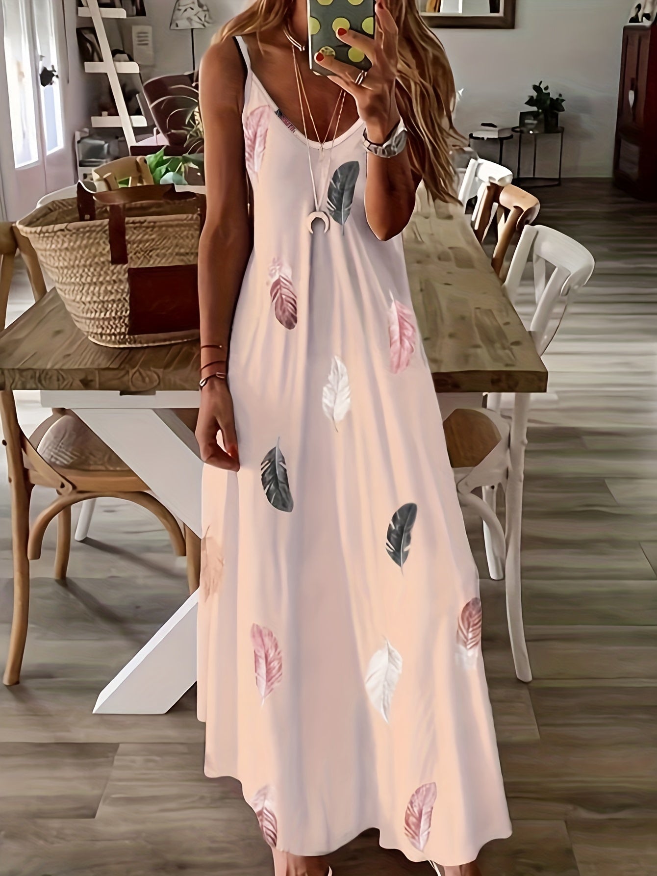  Summer Dress Women's Feather Print V Neck Maxi Dress