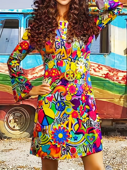 Hippie Halloween Cosplay Dress Long Sleeve Random Print Party Dress