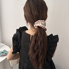 Floral Print Hair Tie Red Brim Hair Rope Sweet Ponytail Holder Women Girls
