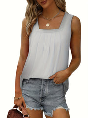Plus Size Casual Tank Top Women's Plus Square Neck Medium Stretch Pleated