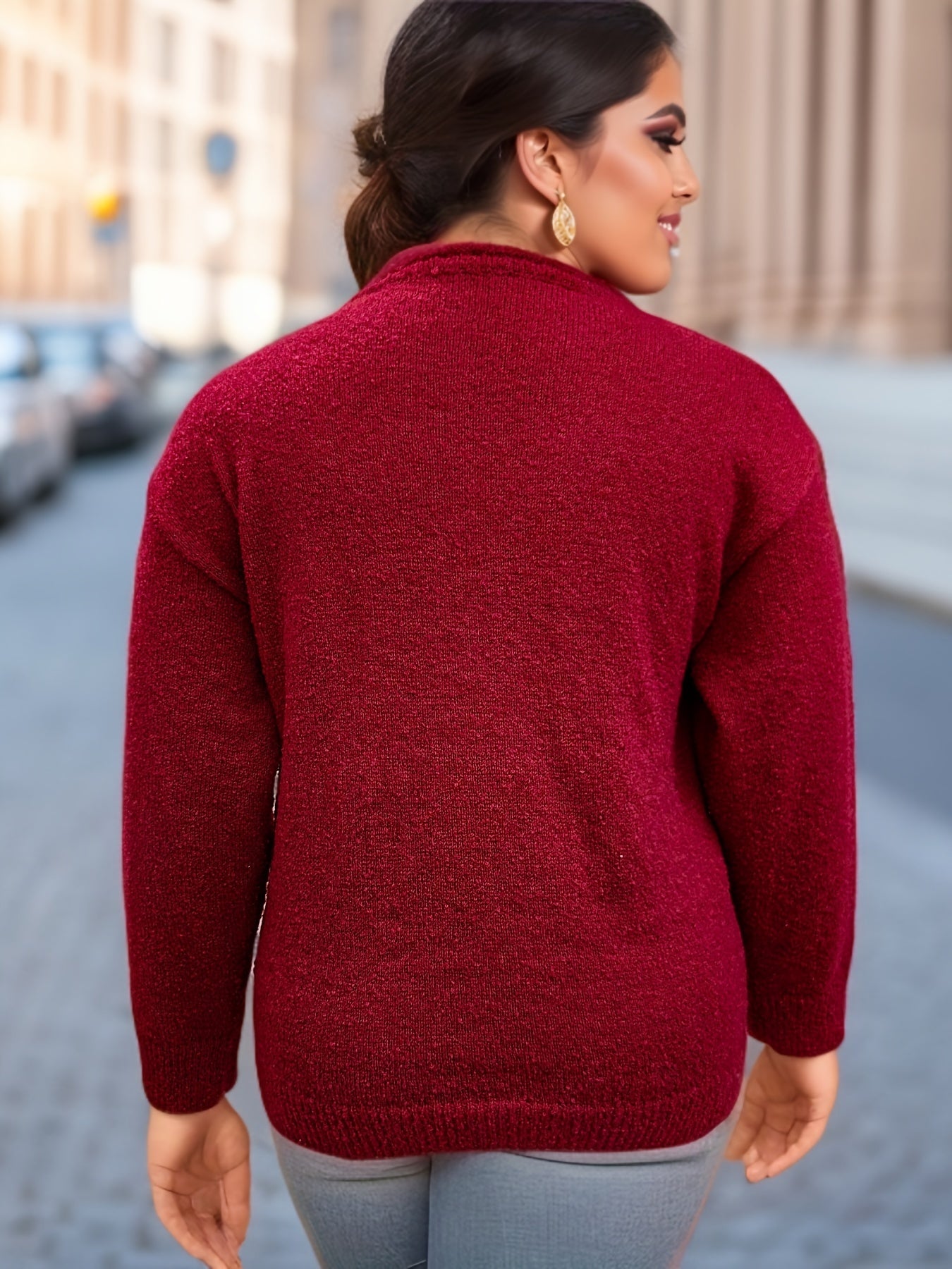  Casual Sweater Women's Plus Solid Long Sleeve Round Neck Jumper