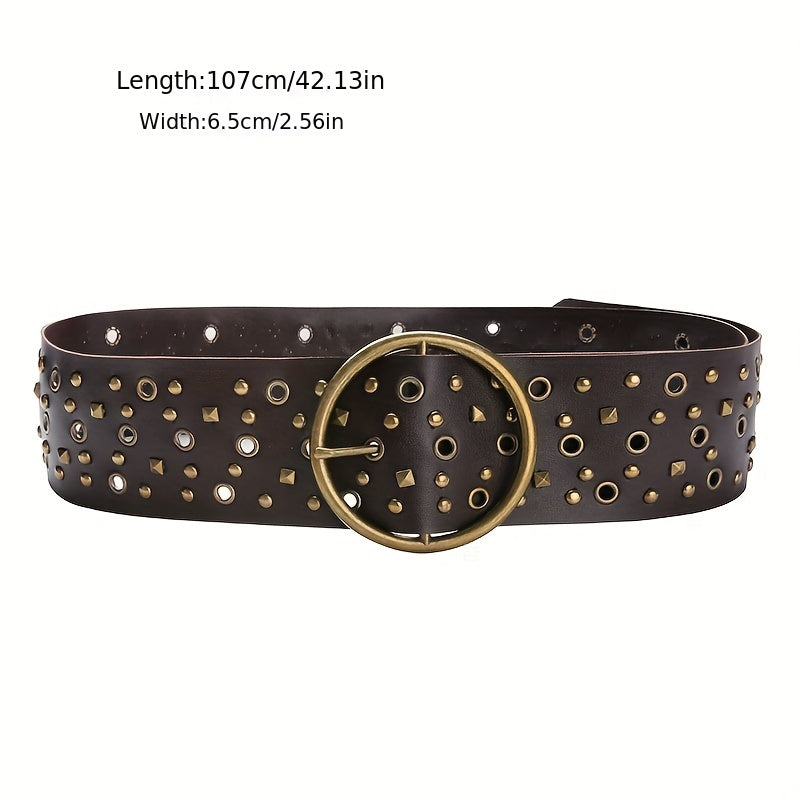 Vintage Brown Steampunk Hollow Out PU Leather Wide Belt with Large Round Buckle