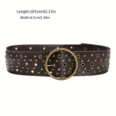 Vintage Brown Steampunk Hollow Out PU Leather Wide Belt with Large Round Buckle