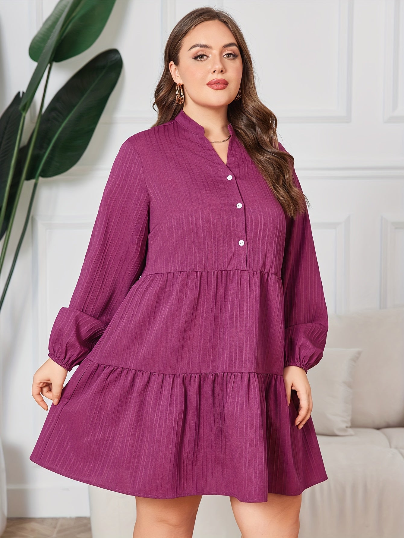 Plus Size Casual Dress Women's Plus Solid Lantern Sleeve Notched Neck