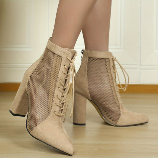 Mesh Block Heel Boots Lace Up Zipper Sandals