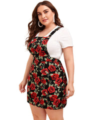  Allover Rose Print Square Neck Mini Overall Dress