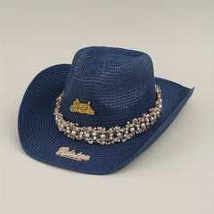 Rhinestone Bride Cowboy Hat Faux Pearl Lace Hatband Decor Straw Jazz Hat