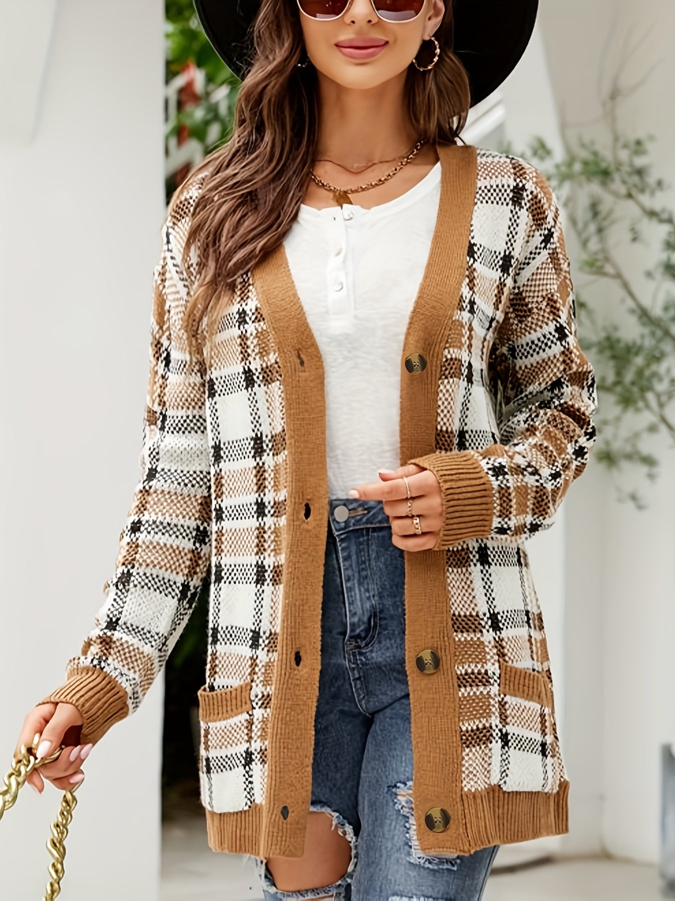  Plaid Print Long Sleeve Button Up Cardigan with Pockets