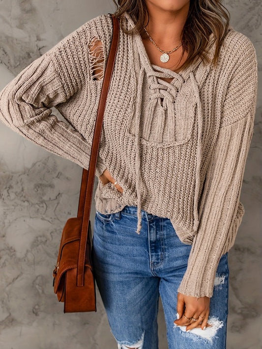  Casual Sweater Women's Plus Solid Lace Up V Neck Hooded Sweater